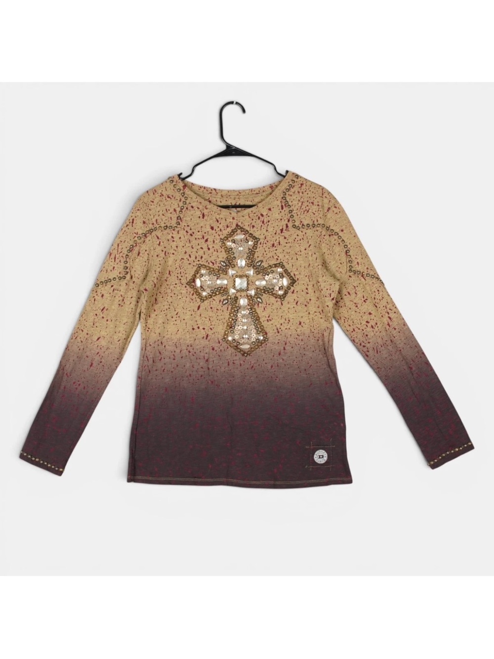Double D Ranchwear Embellished Cross Studded Long Sleeve Top Sz L Gradient Brown